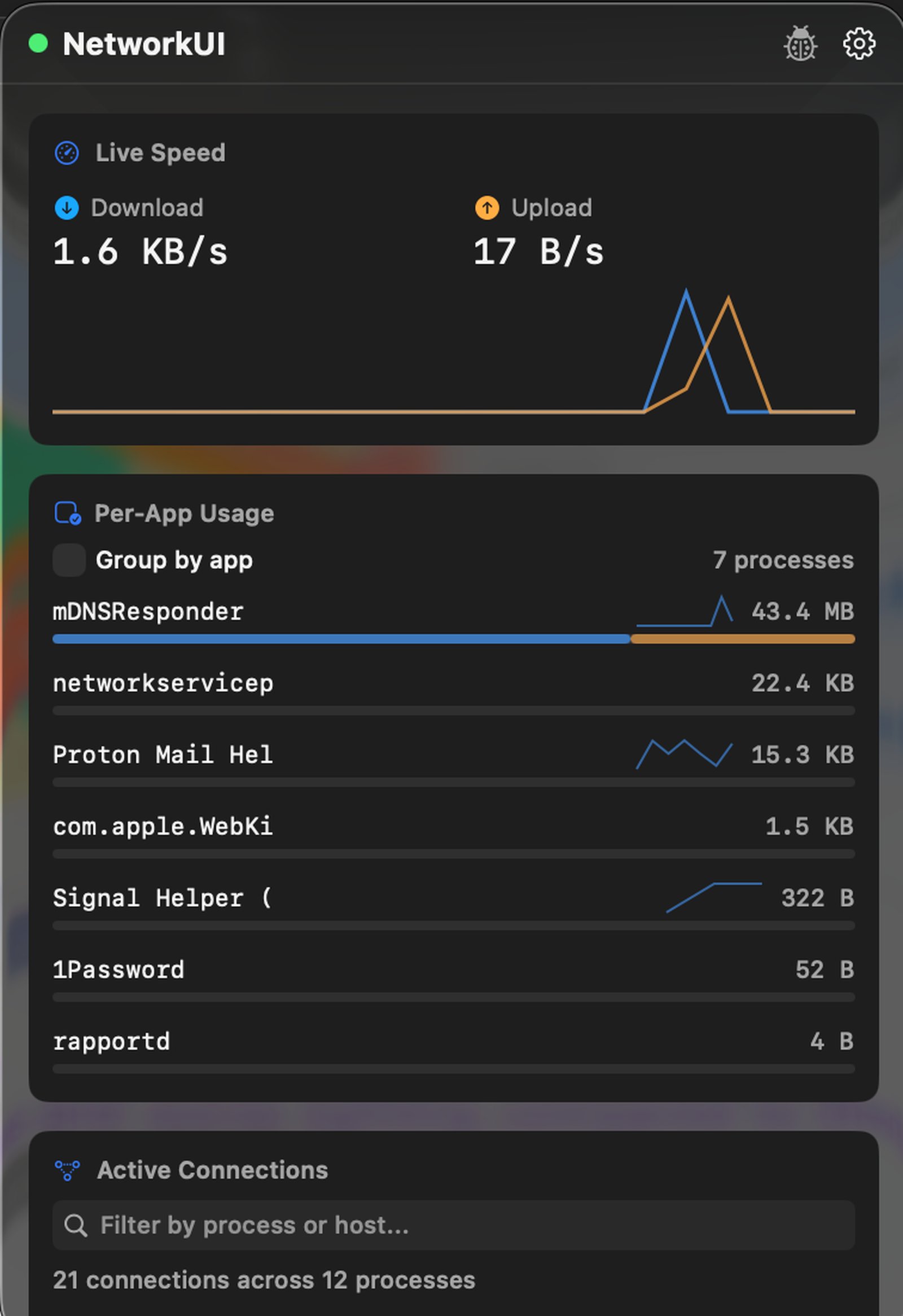 NetworkUI menubar dashboard showing live speeds, per-app usage, and active connections