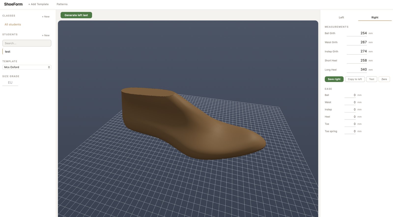 ShoeForm 3D viewer showing a modified shoe last with measurement and ease panels