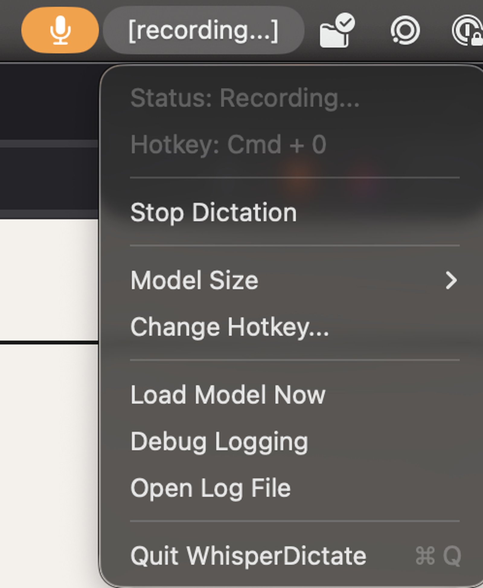 WhisperDictate menubar showing recording status, model size, and hotkey options