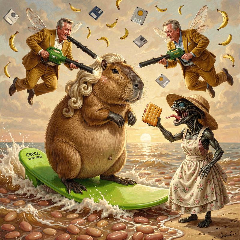 Capybara surfing a Croc through beans at sunset, floppy disks and bananas raining from sky