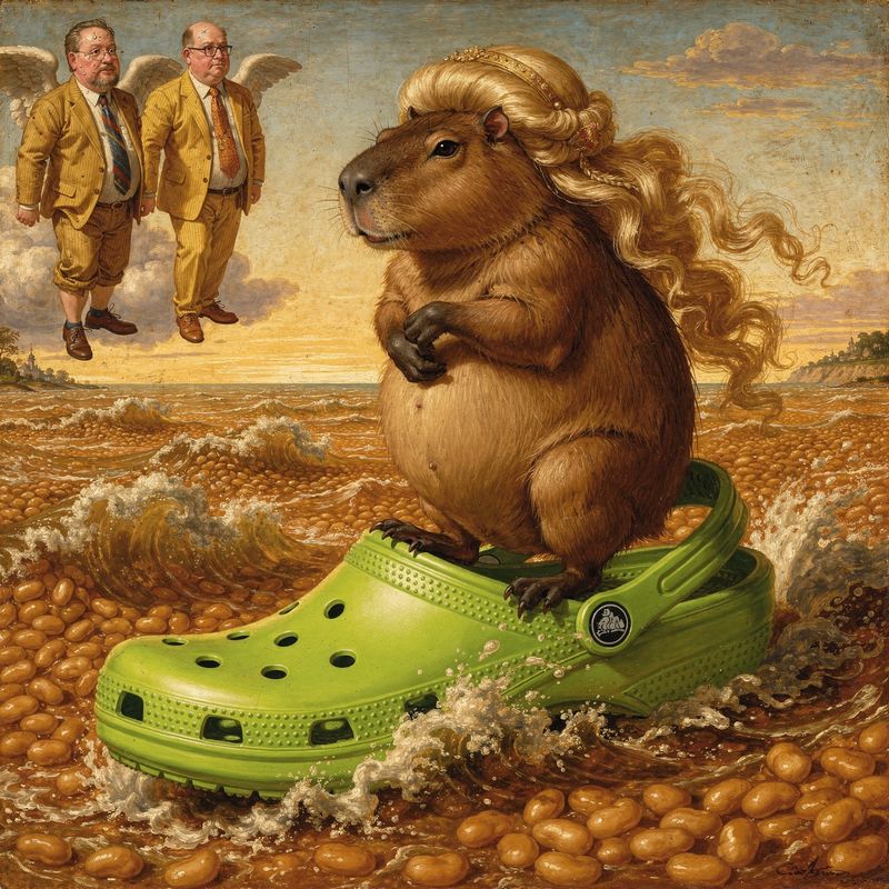 Capybara in golden wig standing in Croc on bean ocean, winged businessmen hovering above