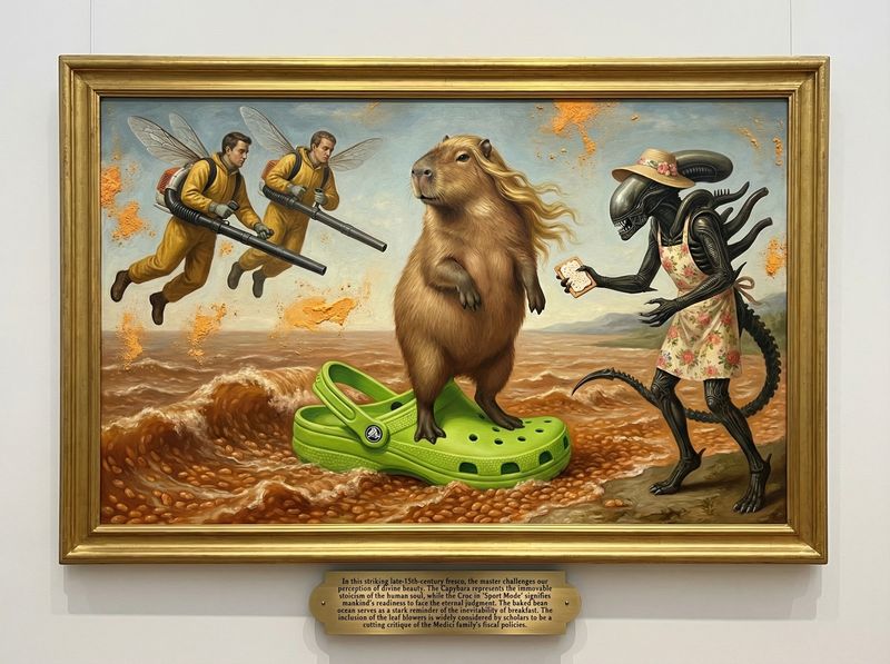 Framed oil painting of capybara on Croc in beans, xenomorph offering cracker, chainsaw men flying