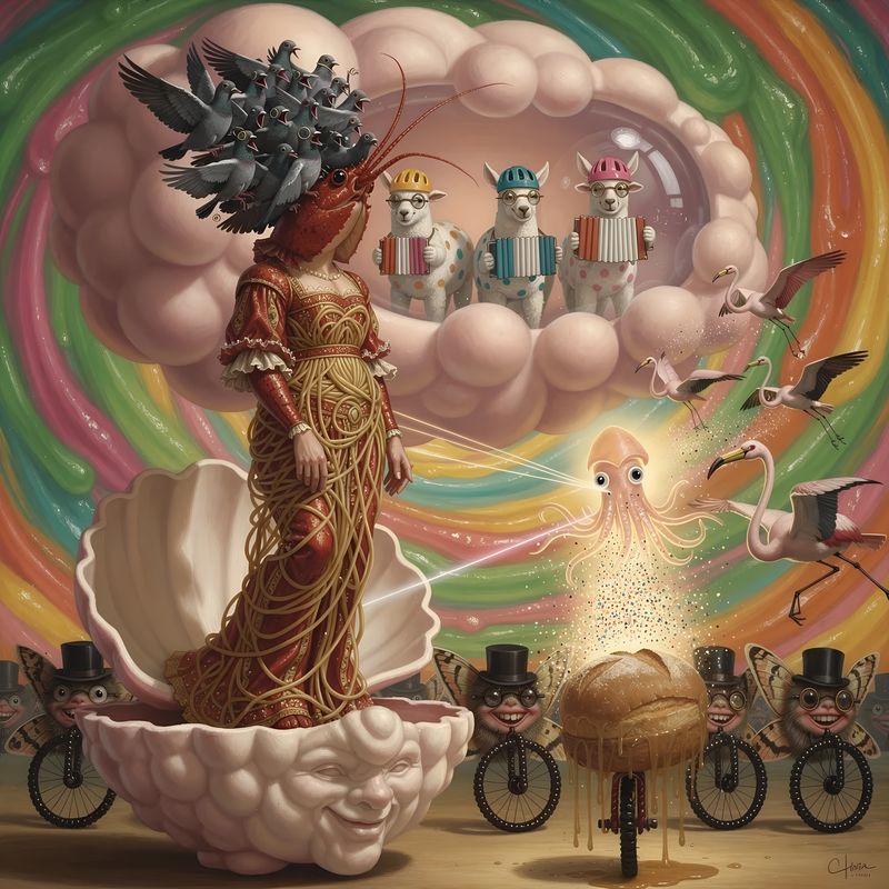 Venus in shell with laser octopus, llamas with accordions, giant baguette