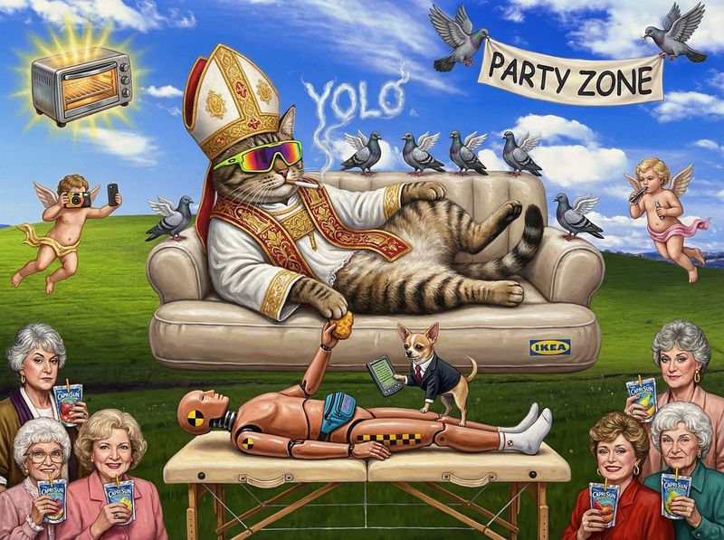 Yolo Cat variant 1 -- pope cat lounging on IKEA couch, Party Zone
