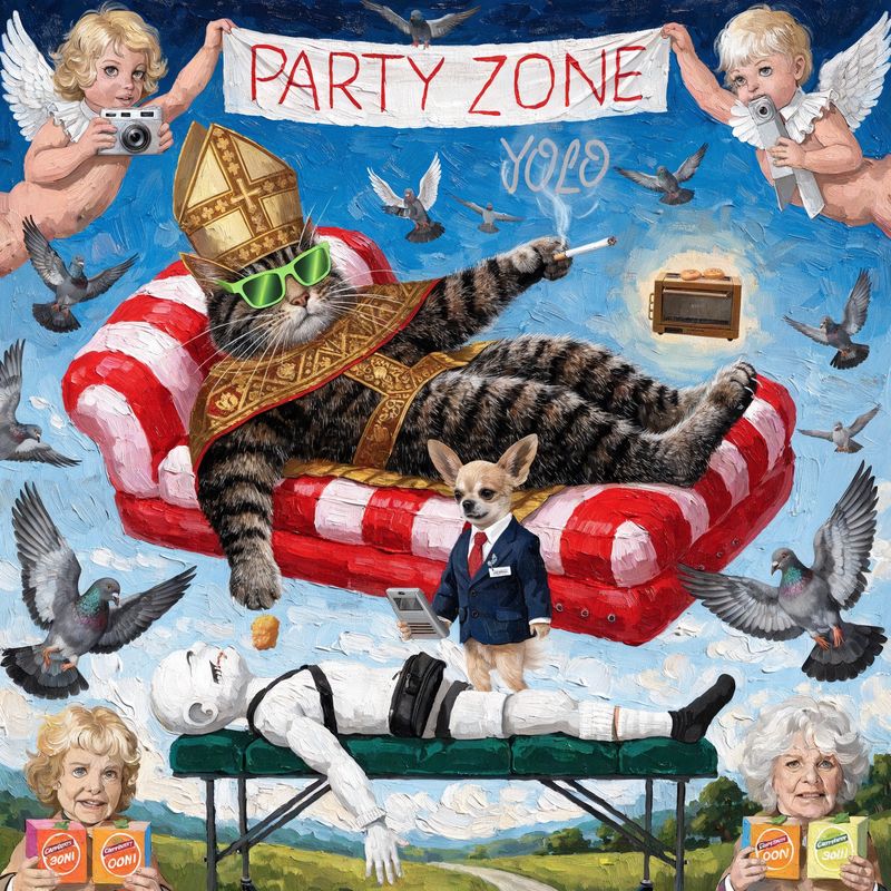 Yolo Cat variant 3 -- pope cat on inflatable raft, oil painting style