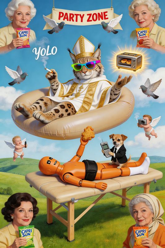 Yolo Cat variant 4 -- pope cat in inflatable ring, photorealistic style